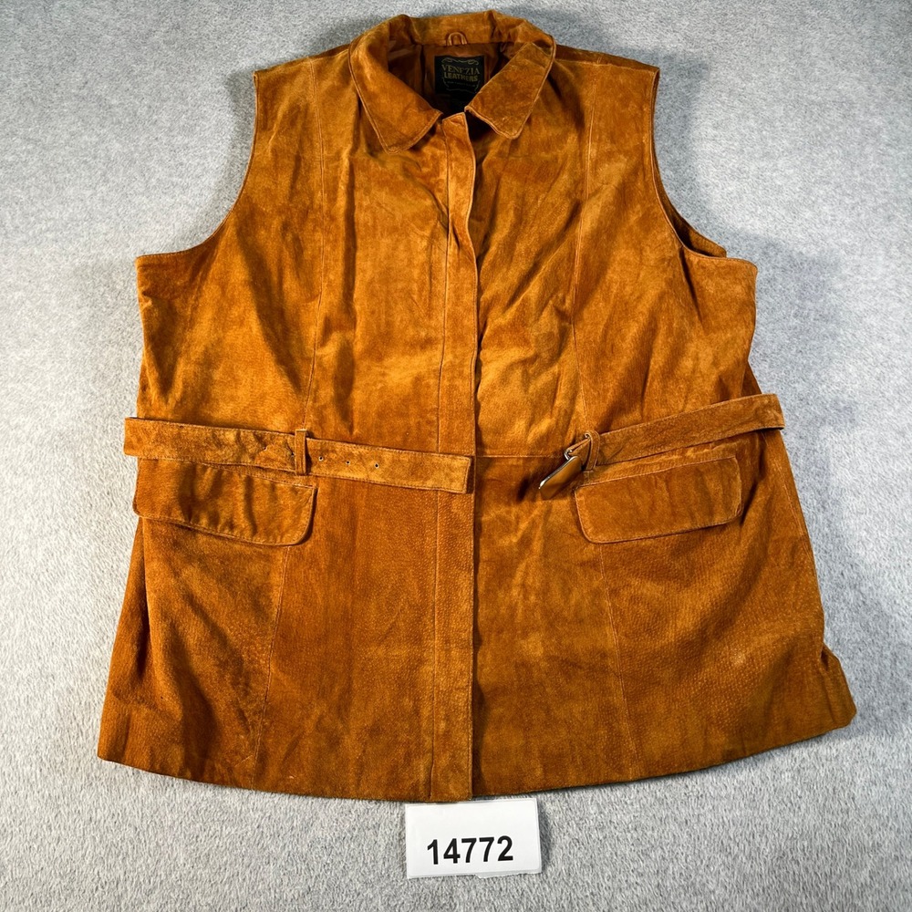 Venezia Leathers Vest Women 18/20 Brown Excellent Vintage Suede Belted Zip Front